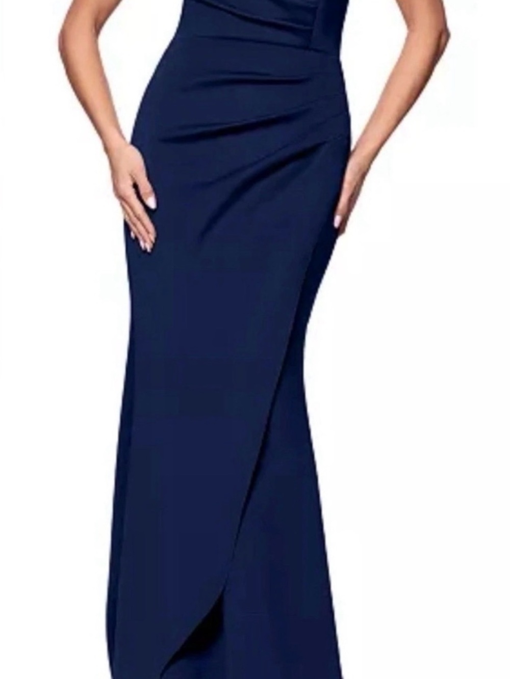 Xscape Gown Womens 14 Navy Blue Ruffle Sleeve Ruched Scuba Formal Maxi Dress